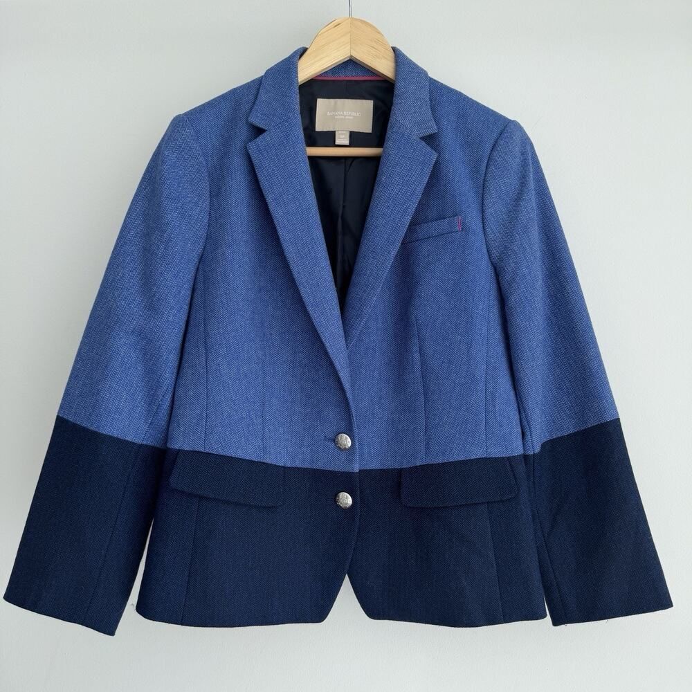 Banana Republic Hacking Jacket 12P Blue‎ Herringbone Wool Blend Two Tone Blazer